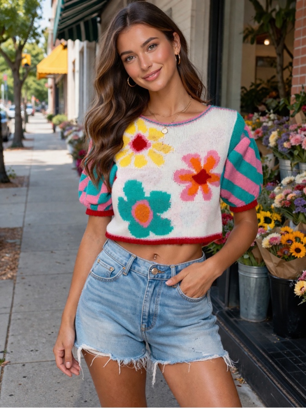 Floral Puff-Sleeve Knit Crop Top in Multi-Color